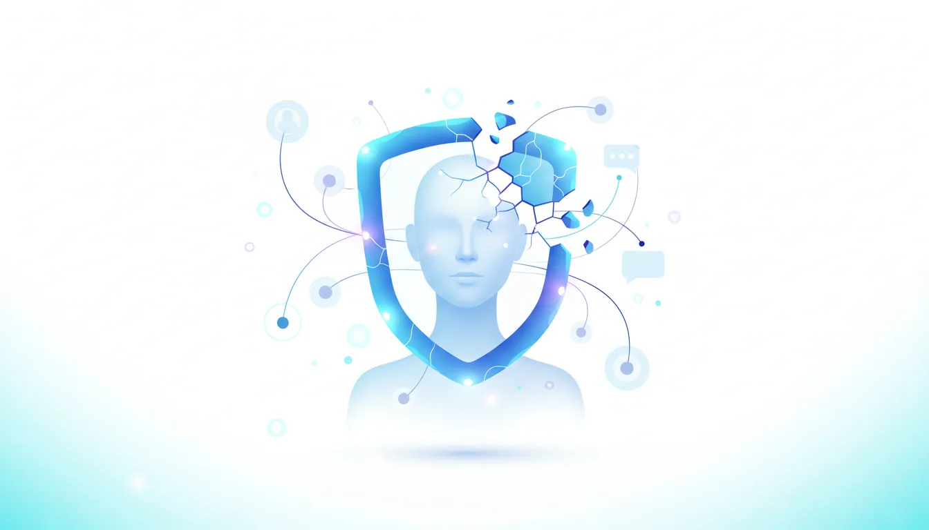 Abstract illustration of a human head inside a breaking shield, symbolizing compromised data privacy in AI research.