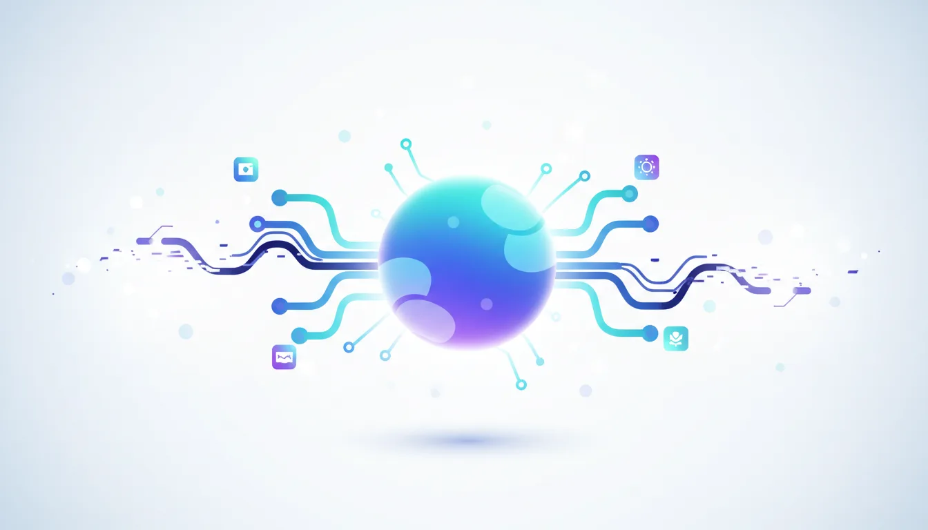 Abstract visualization of a glowing orb connected by digital circuits, representing AI and data flow.