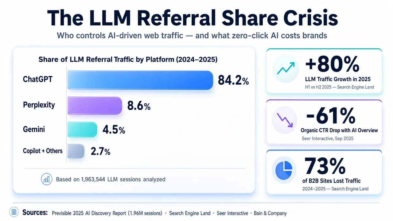 Bar chart showing LLM Referral Traffic by Platform, highlighting the dominance of one platform and significant losses for others.