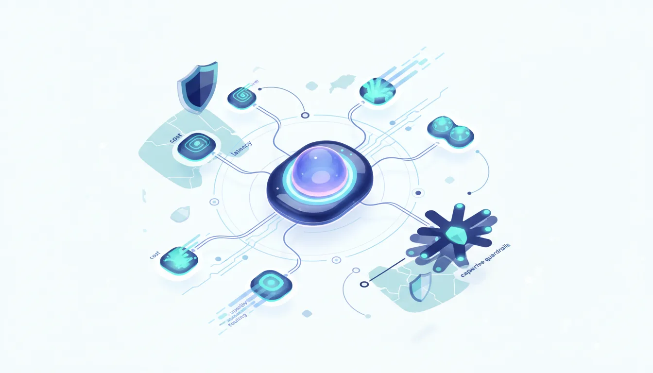 Abstract diagram showing a central AI core connected to various nodes representing cost, latency, and security, illustrating LLM Router functionality.