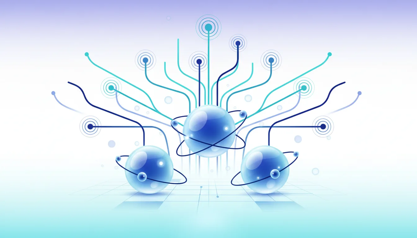Abstract illustration of interconnected spheres representing AI or LLM nodes in a network.