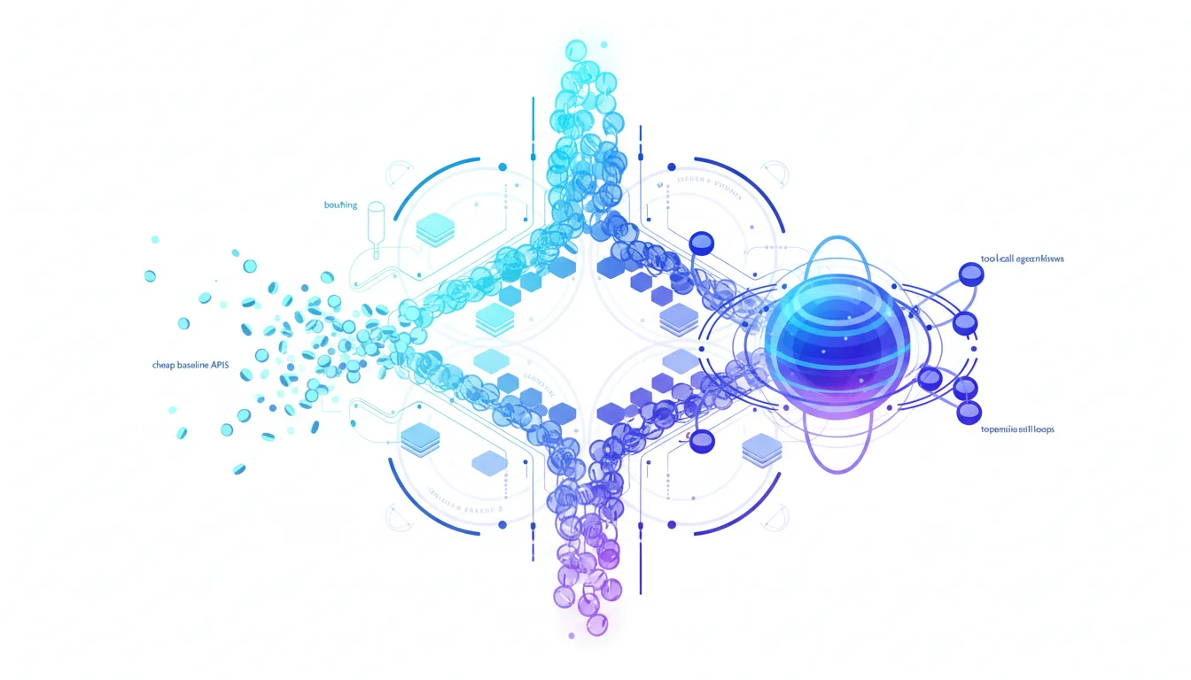 Abstract visualization of LLM token flow from cheap baseline APIs to complex agentic workflows and enterprise AI spend.