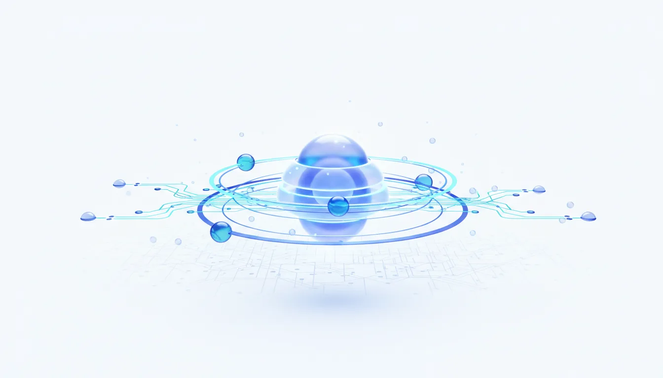 Abstract blue sphere with orbiting smaller spheres and glowing circuit lines, representing AI control and evaluation.
