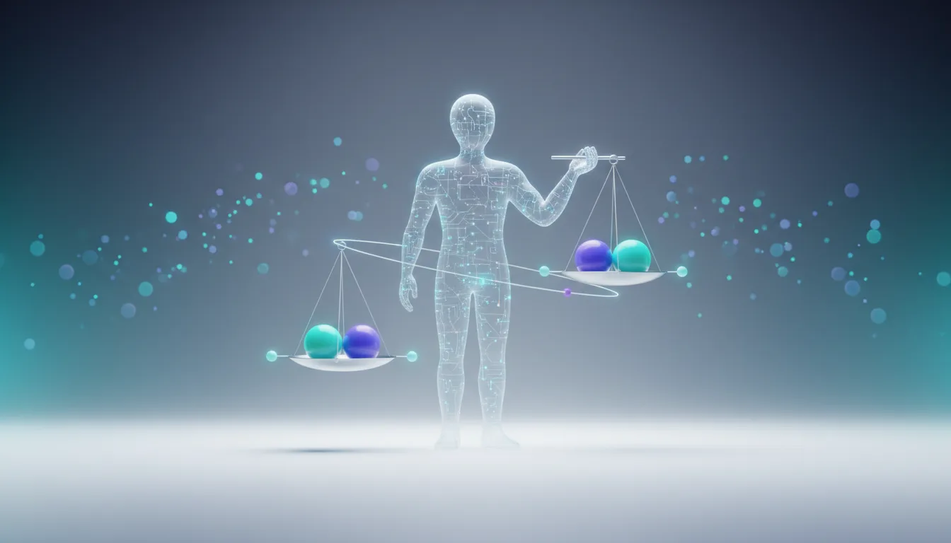 Wireframe human figure holding scales of justice with colorful spheres representing AI models being evaluated.