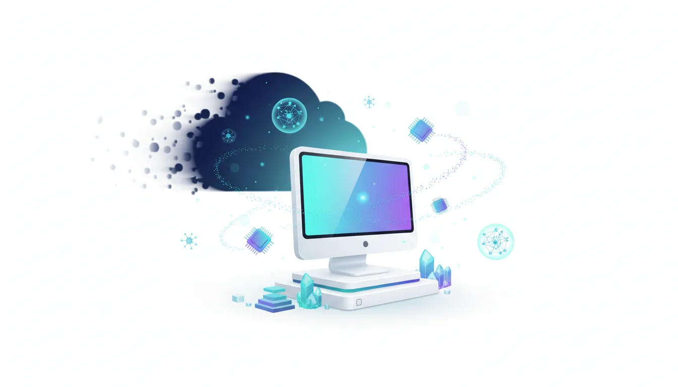 A stylized computer monitor sits on a base, connected to a cloud graphic that is dissolving into particles, symbolizing local AI inference.