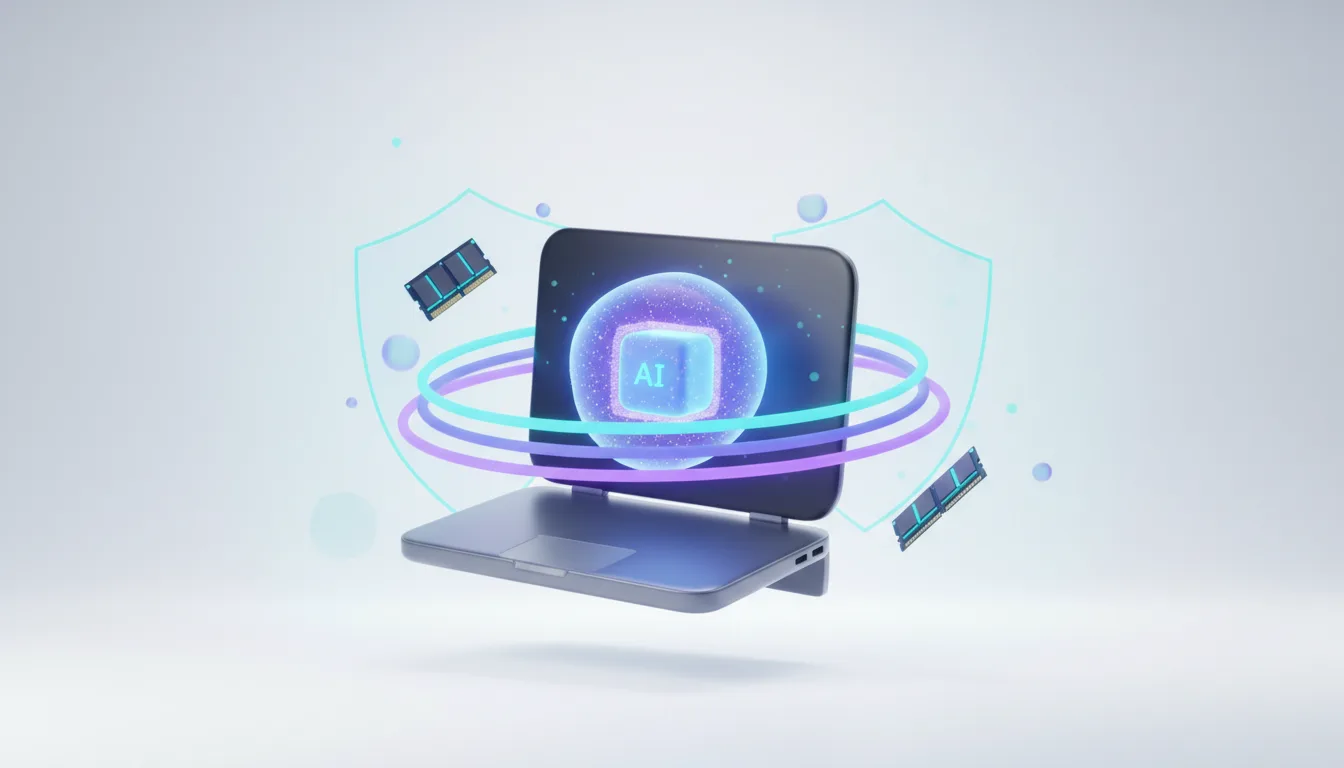 Laptop displaying an AI cube icon surrounded by glowing rings, with RAM sticks and a shield symbol representing local AI security.