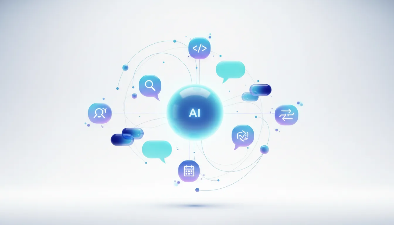 Central AI sphere connected to icons representing coding, search, calendar, and communication, illustrating AI agent capabilities.