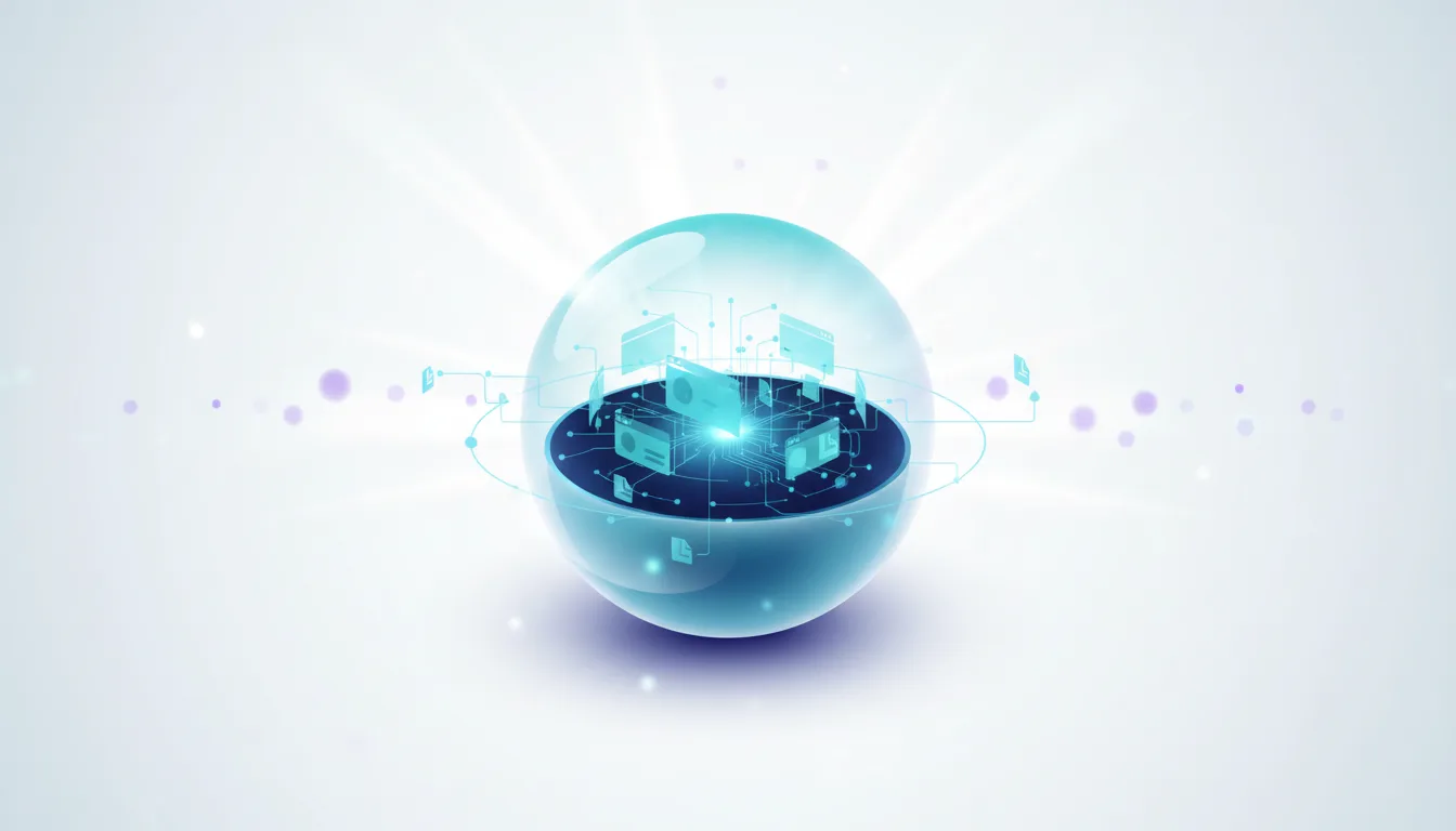 Abstract sphere with glowing circuits and digital files representing local data indexing for AI assistance.