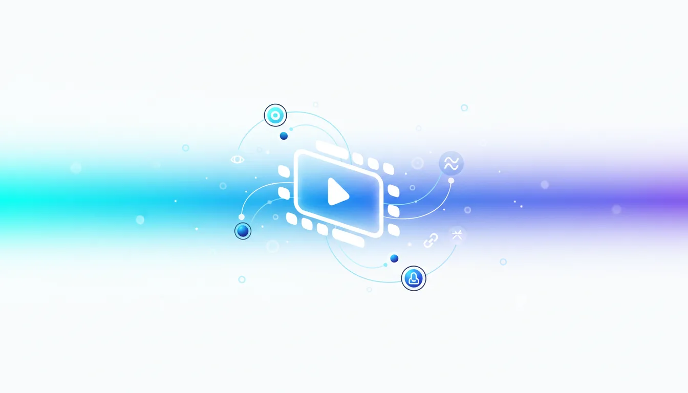 Abstract representation of video AI with a play button, connected by lines to icons representing data, search, and analysis.