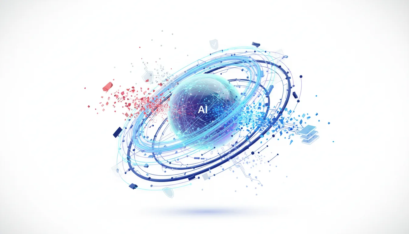 Abstract visualization of AI as a central sphere surrounded by orbiting rings and digital particles, representing data and security.