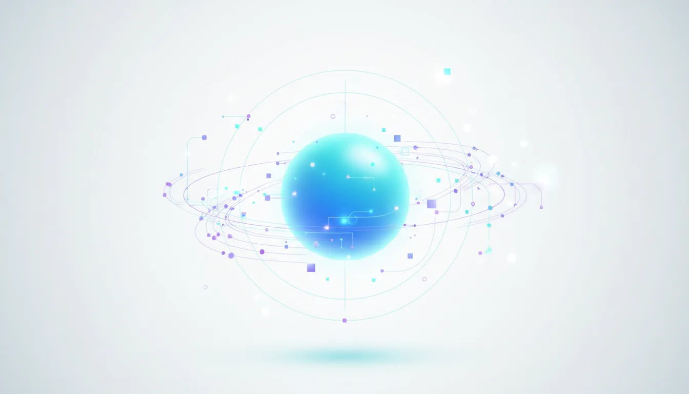 Abstract digital sphere with orbiting nodes and connecting lines, representing data or AI concepts.