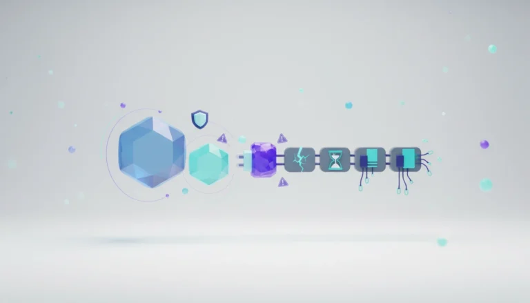 3D illustration of a large and a small crystal hexagon linked through a connector plug to a chain of tool modules, one cracked and one showing an hourglass, with small warning badges.