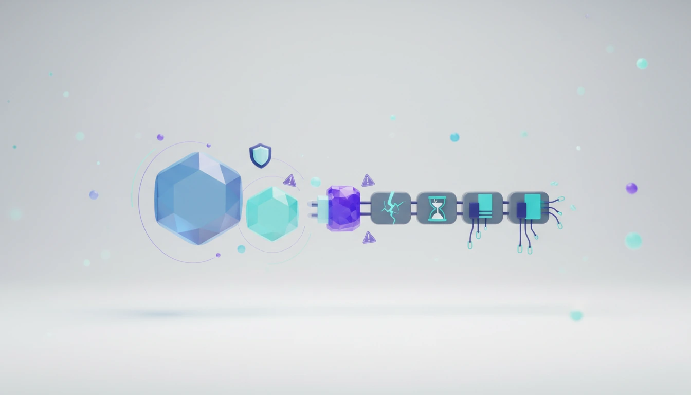 3D illustration of a large and a small crystal hexagon linked through a connector plug to a chain of tool modules, one cracked and one showing an hourglass, with small warning badges.
