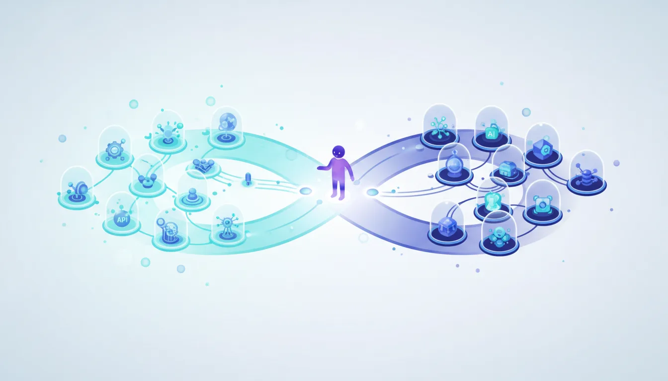 Abstract illustration showing a person connecting two pathways of interconnected tools and services, representing AI agent integration choices.