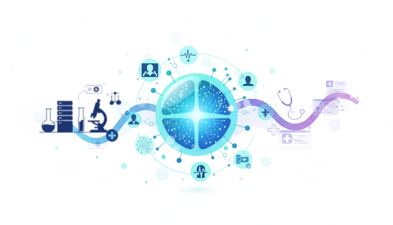 Abstract graphic illustrating AI in medicine with icons for data, research, and patient care connected to a central glowing sphere.