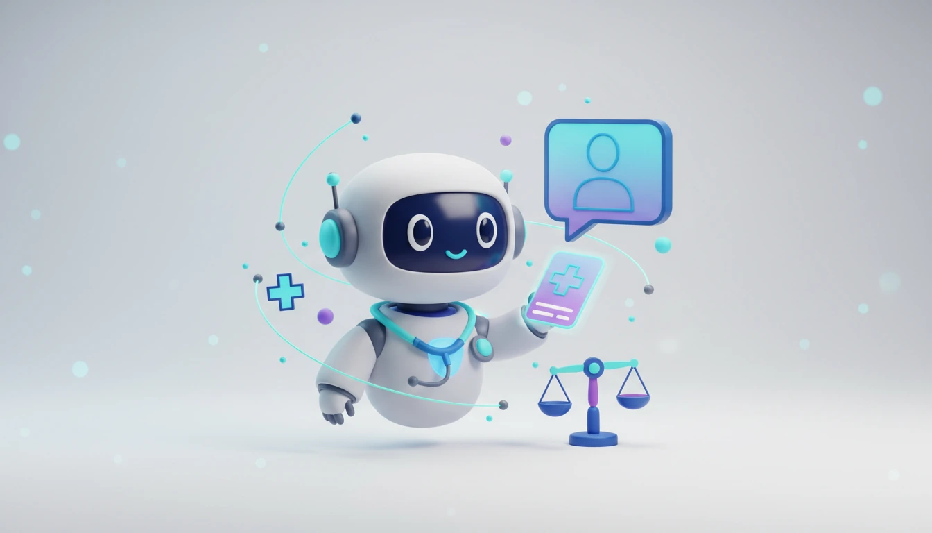 3D illustration of a friendly robot doctor with a stethoscope holding a diagnosis card, next to a patient speech bubble and a tipping balance scale.