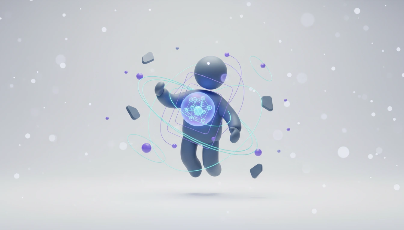 Abstract 3D illustration with a glowing cyan core on a light studio background, representing Correct Memories Still Make AI Agents Agree With You Too Much