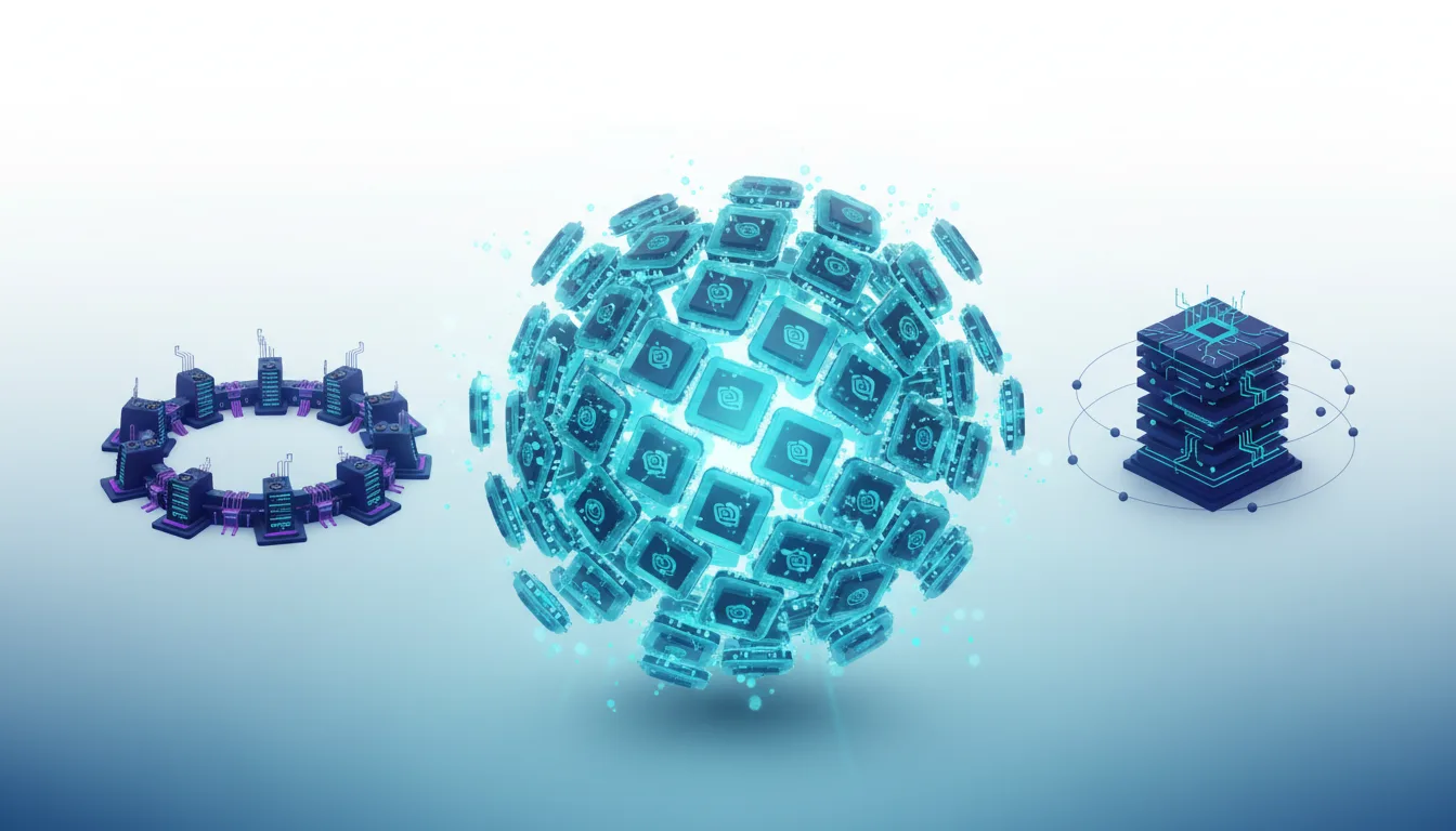 Abstract visualization of interconnected AI hardware components including a ring of servers, a glowing sphere of processors, and a stacked data center unit.