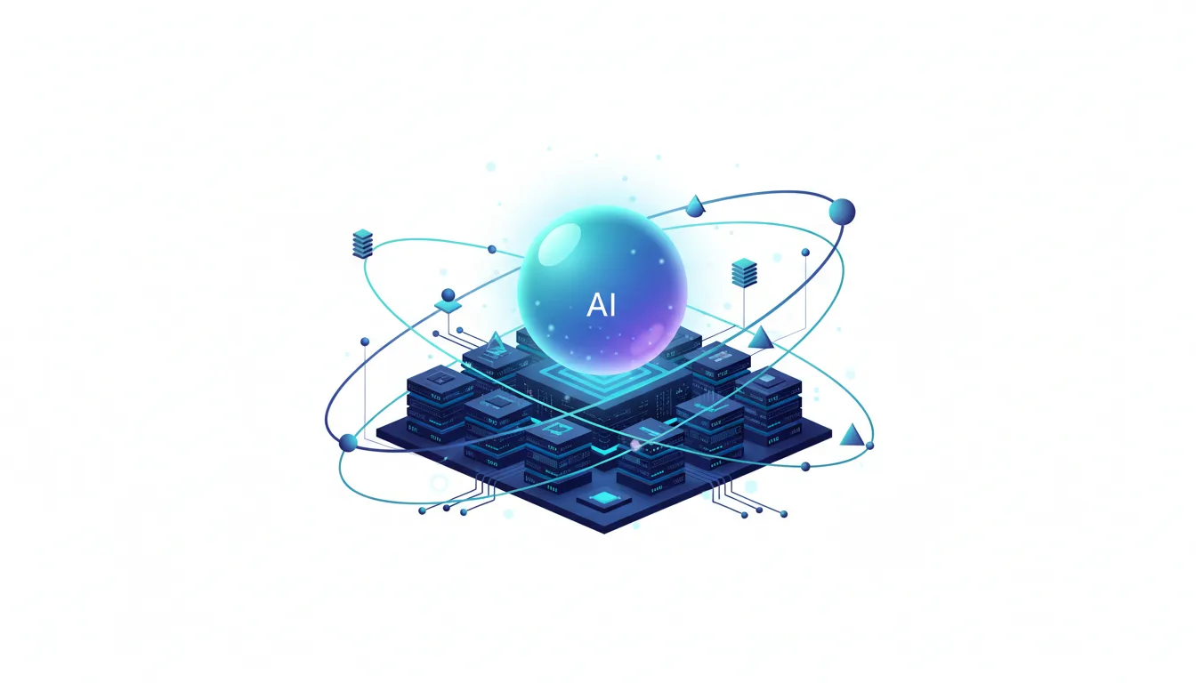 Abstract visualization of AI core with interconnected nodes and orbiting elements, representing artificial intelligence infrastructure.