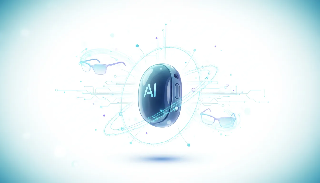 AI pendant with 'AI' displayed, surrounded by digital circuits and two pairs of smart glasses, representing Meta's acquisition.