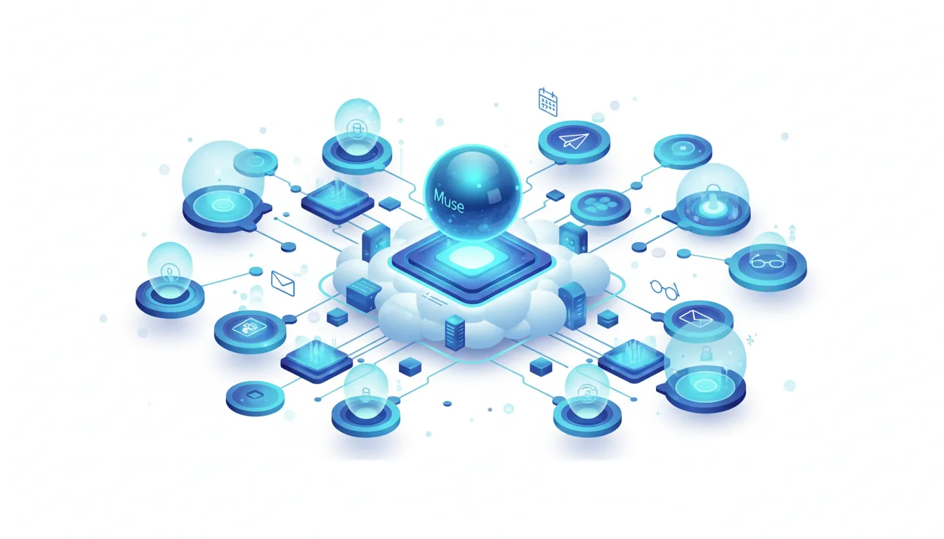 Abstract visualization of Meta's Muse AI agent connecting various services and data points through a central cloud hub.