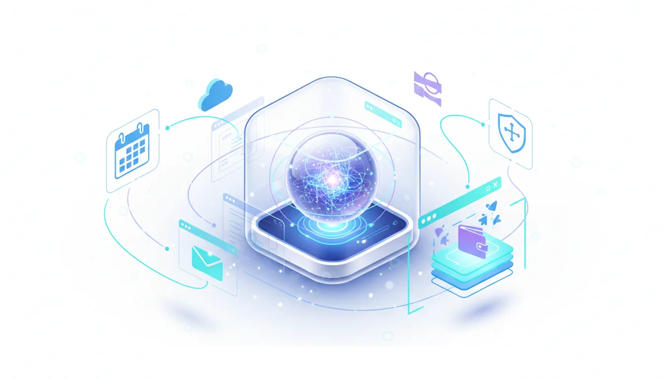 Abstract visualization of an AI agent core with connections to calendar, email, wallet, and security icons, representing app integration.