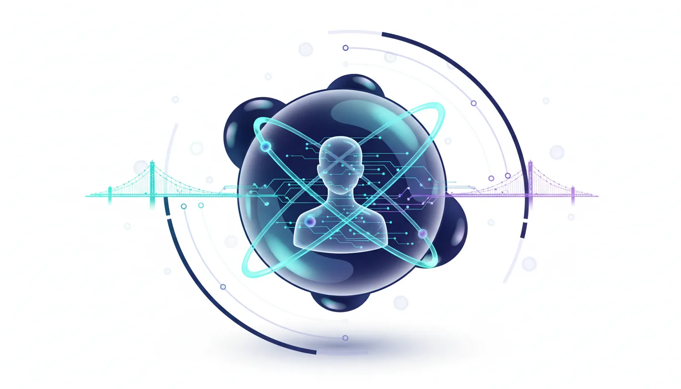Abstract representation of a human figure within an atomic structure, symbolizing AI talent acquisition and connectivity.