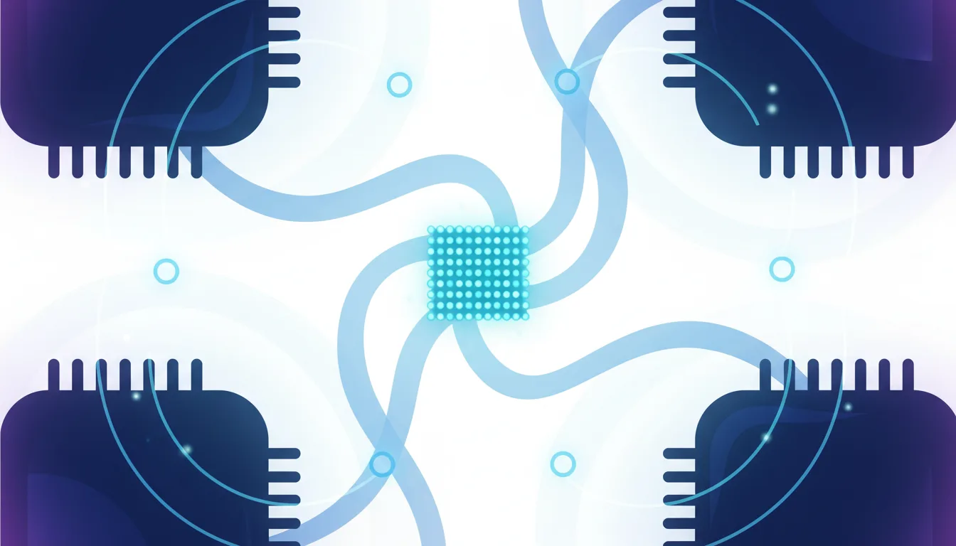 Abstract illustration of a central glowing microLED chip connected by light pathways to four surrounding processor chips, symbolizing AI data interconnects.