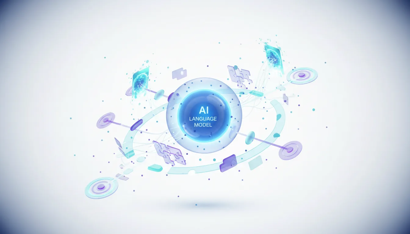 Abstract visualization of an AI language model at the center, surrounded by interconnected nodes and data streams, representing complex workflows.