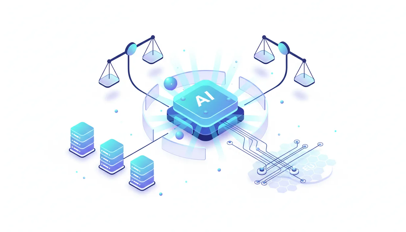 AI chip with scales of justice above, representing regulated AI, connected to servers and EU data symbols.