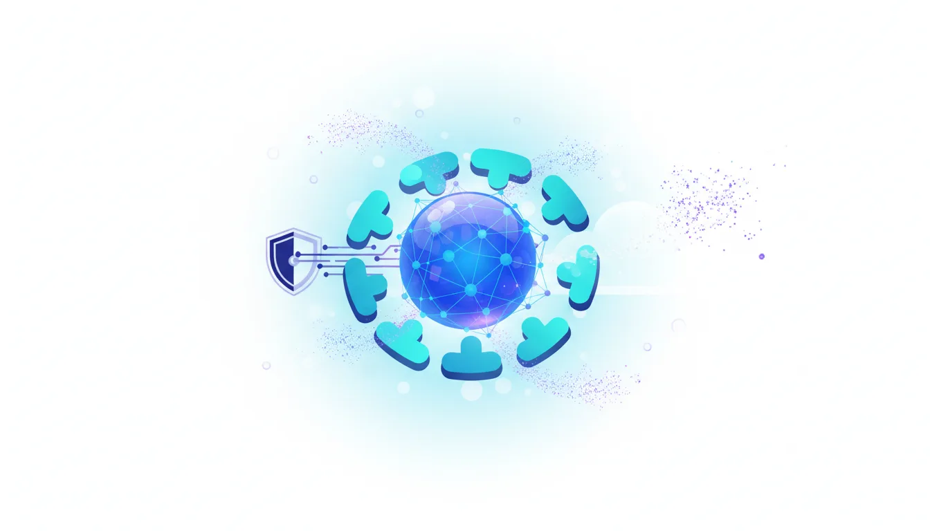 Abstract digital network with a central glowing sphere, surrounded by interconnected nodes and a shield icon, symbolizing AI sovereignty and security.