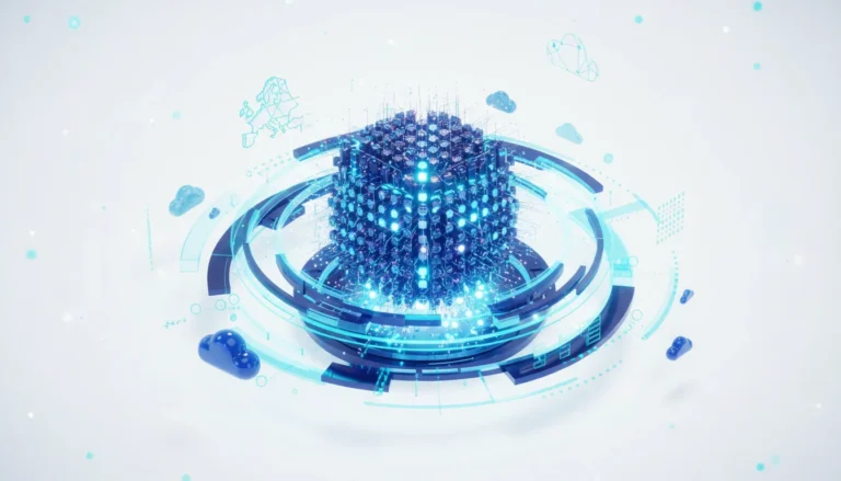 Abstract cube of glowing blue nodes represents Mistral Large 4 AI model with European map and cloud icons.