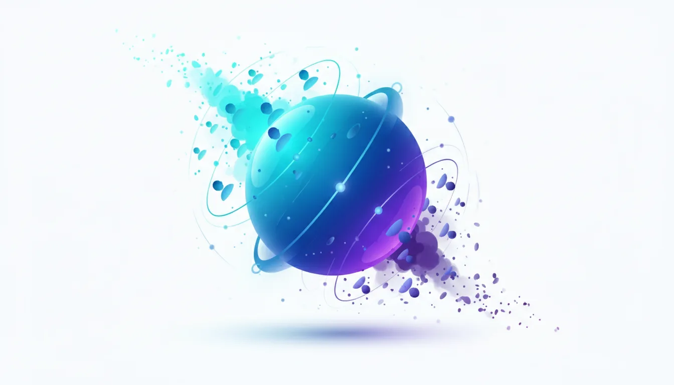 Abstract representation of a planet with orbiting rings and scattered human icons, symbolizing AI and global user bias.