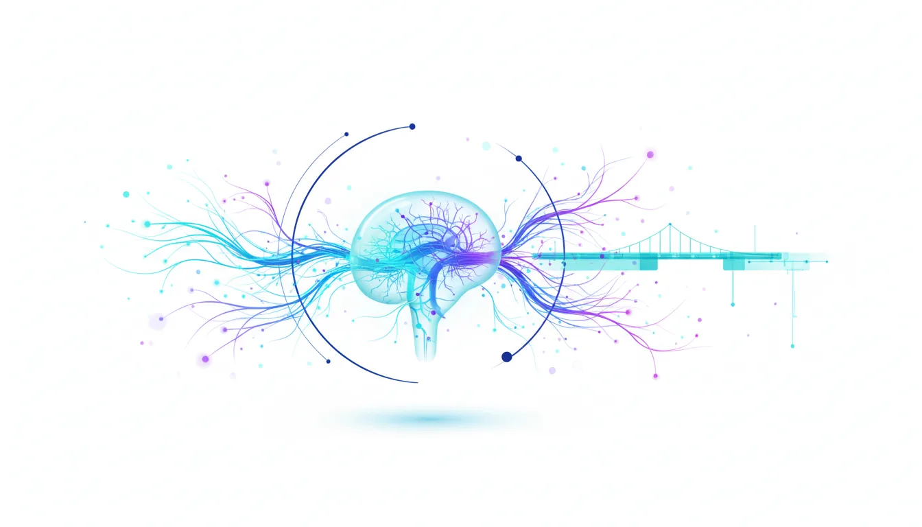 Abstract illustration of a brain with glowing neural pathways connecting to a bridge, symbolizing AI and neurological research.