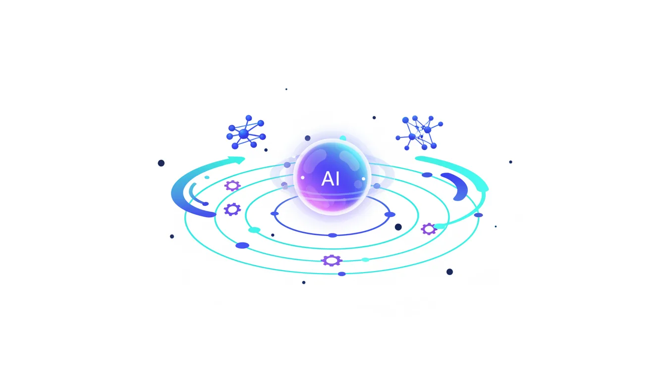 Abstract visualization of AI with a central glowing sphere labeled AI surrounded by orbital paths and molecular structures.