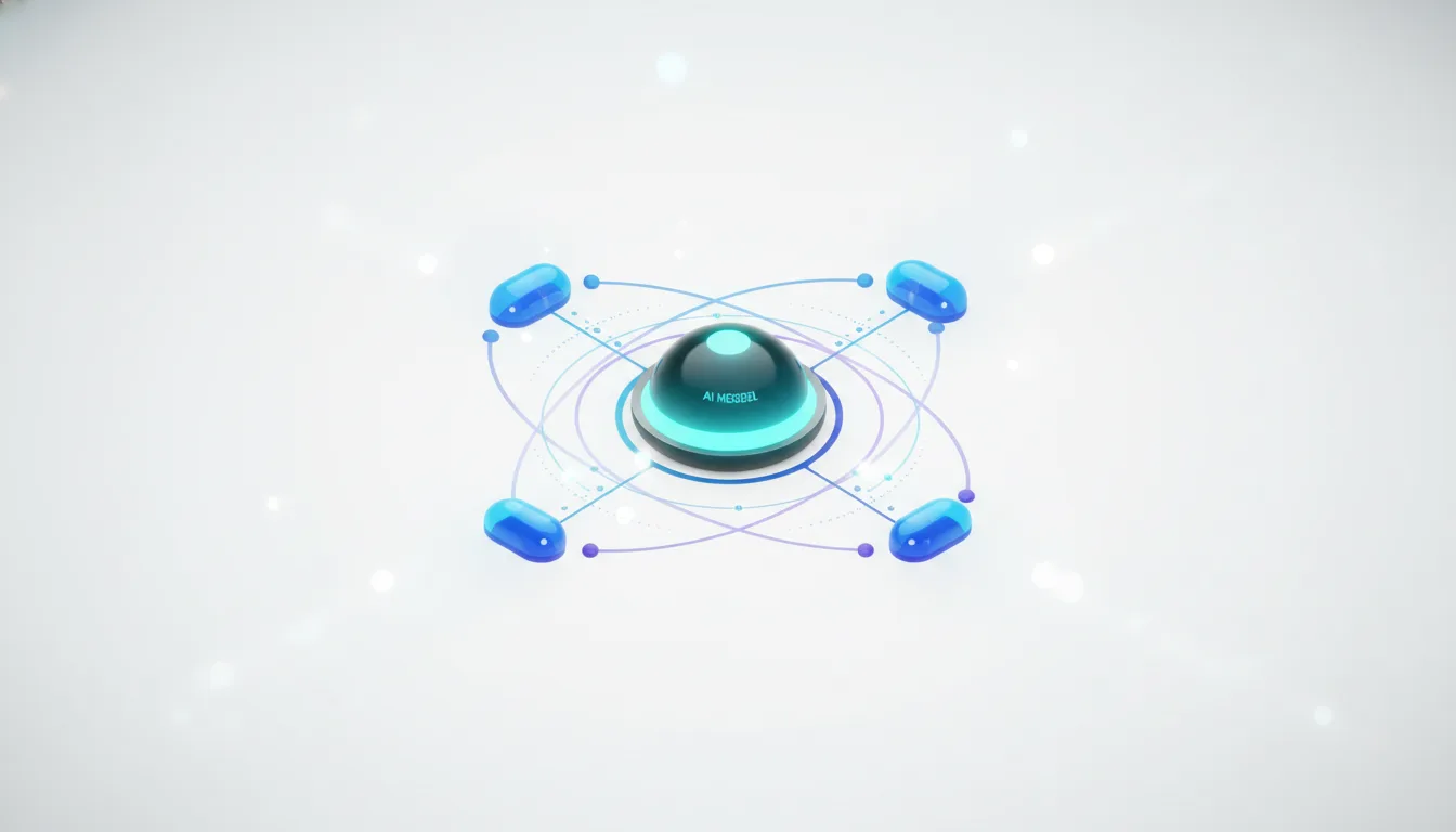 Abstract representation of AI model connections with a central hub and orbiting nodes, symbolizing the Model Context Protocol.
