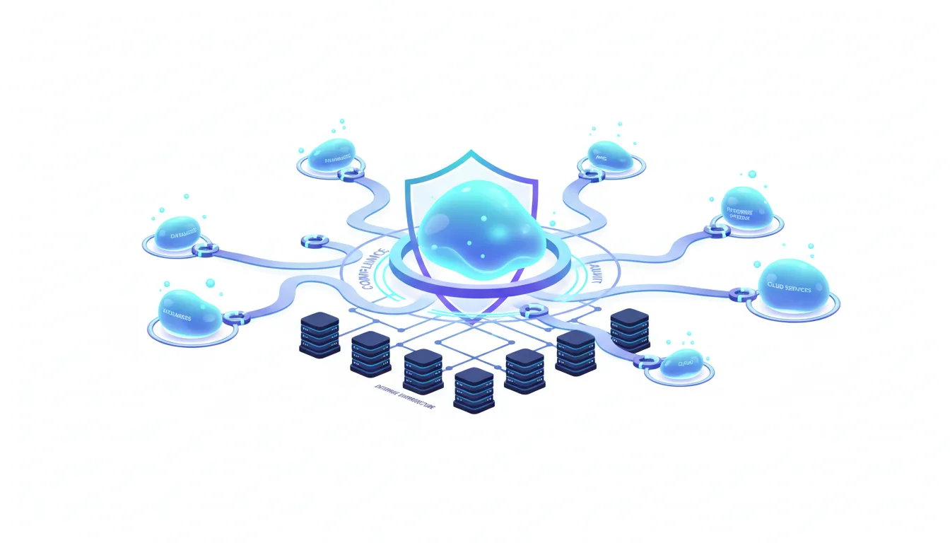 Abstract visualization of AI model context protocol connecting various data sources and cloud services through a central protected hub.