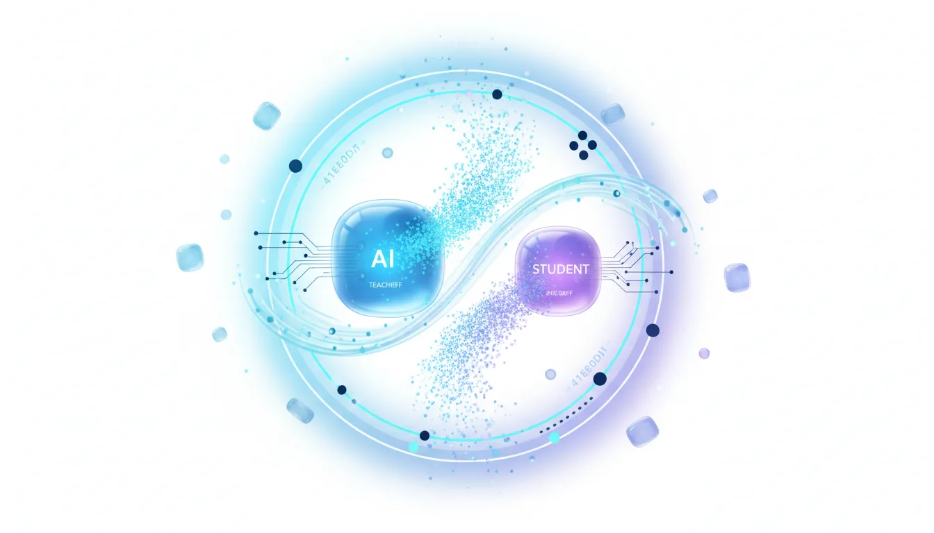 Abstract visualization of AI model distillation, showing a large teacher AI transferring knowledge to a smaller student AI through a swirling particle effect.