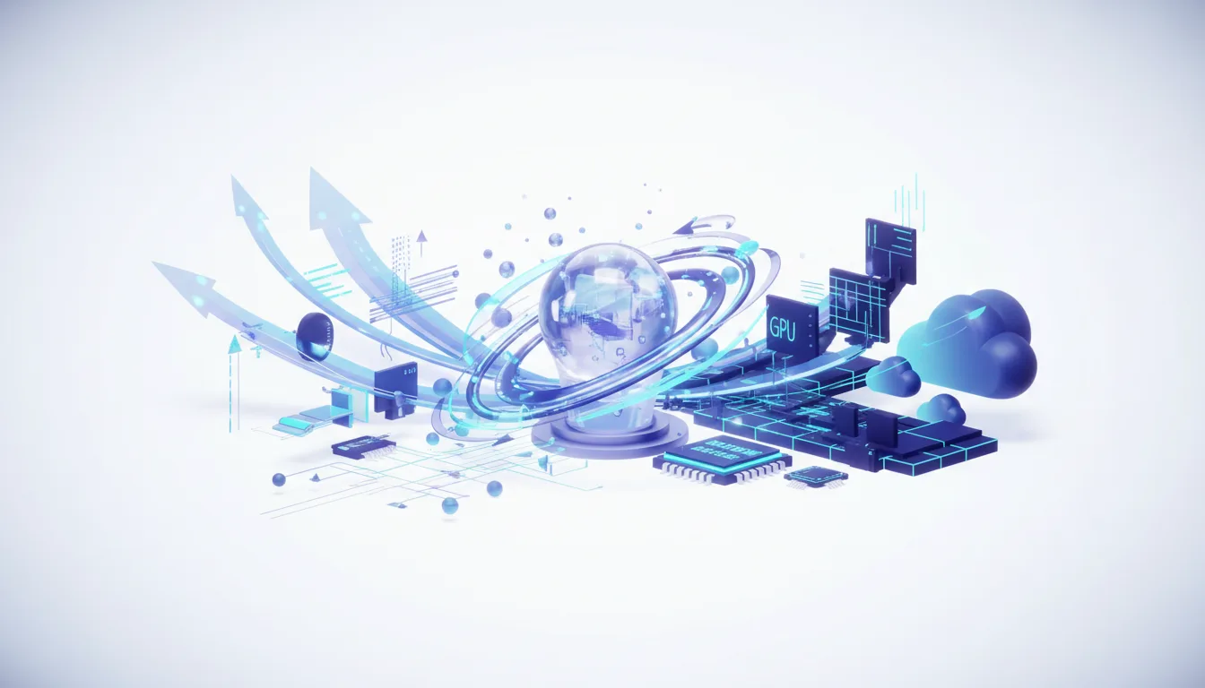 Abstract digital art depicting AI growth with GPUs, cloud symbols, and upward arrows surrounding a glowing orb.