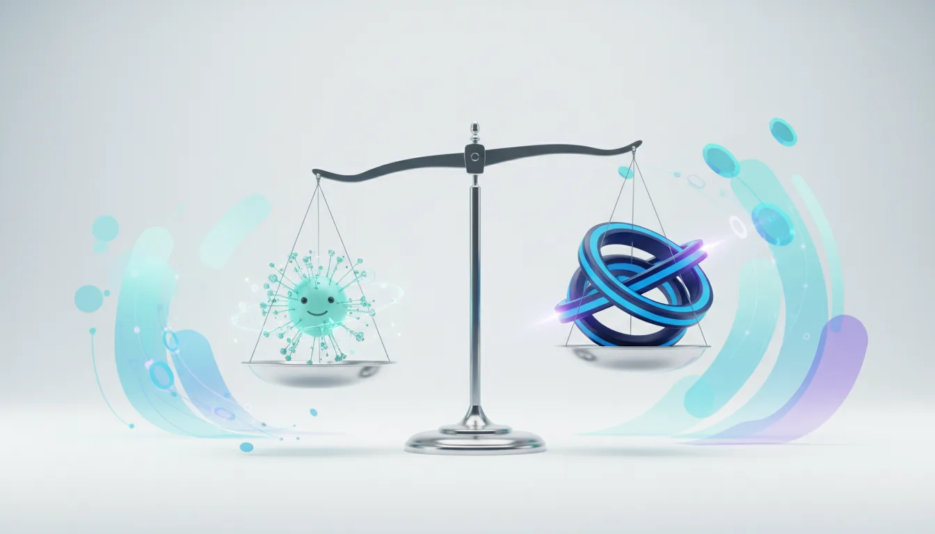 A balanced scale shows a smiling AI virus on one side and a complex, glowing blue knot on the other, symbolizing the conflict in Elon Musk's OpenAI lawsuit.