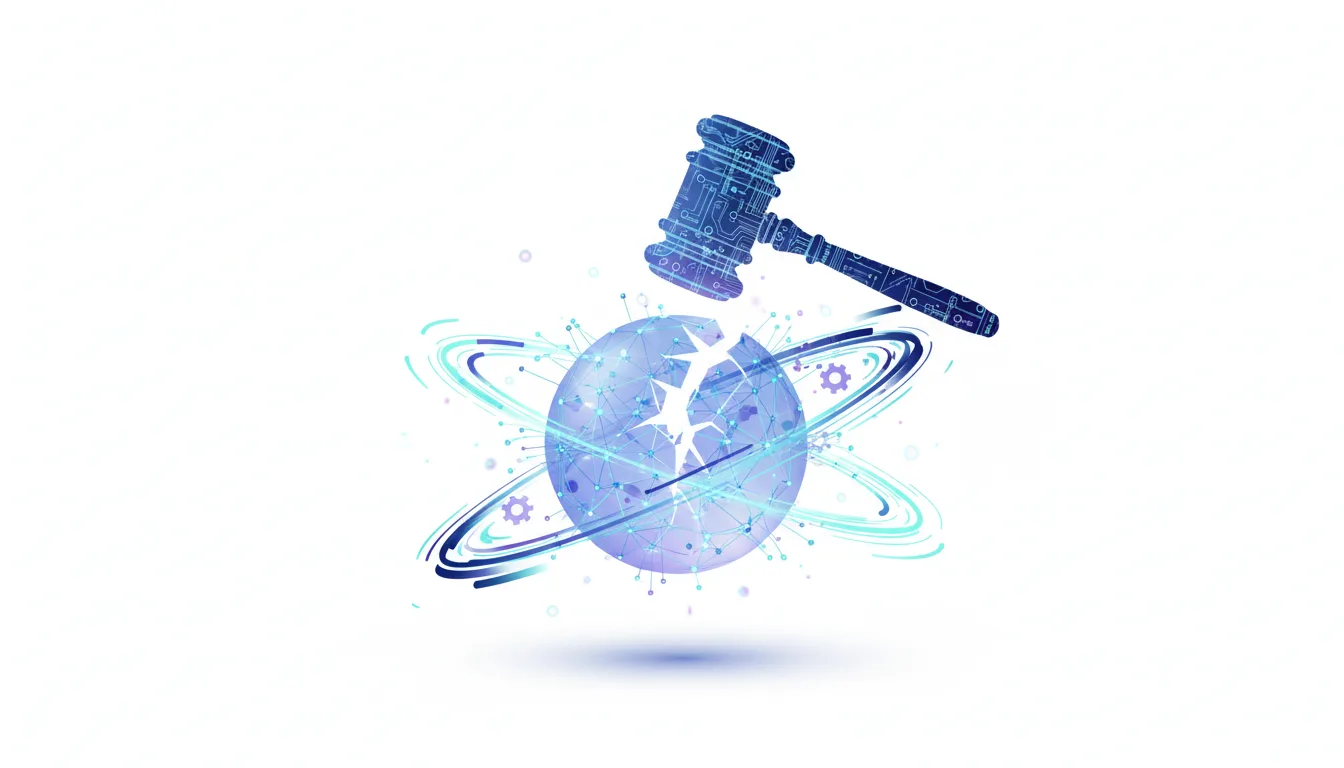 A digital gavel hovers over a cracked, glowing globe with orbiting rings, symbolizing legal judgment on AI governance.