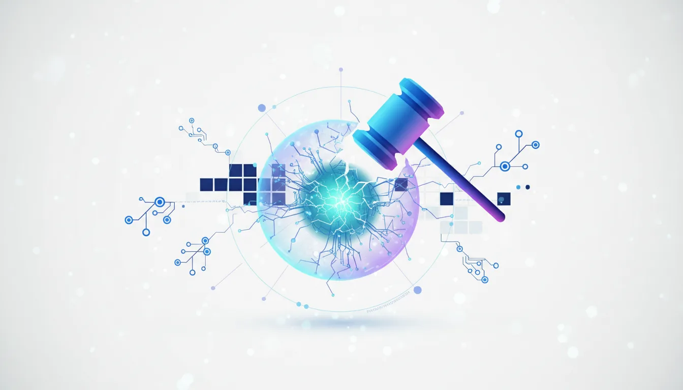 A gavel hovers over a glowing, circuit-filled sphere, symbolizing legal challenges to artificial intelligence development and corporate structures.