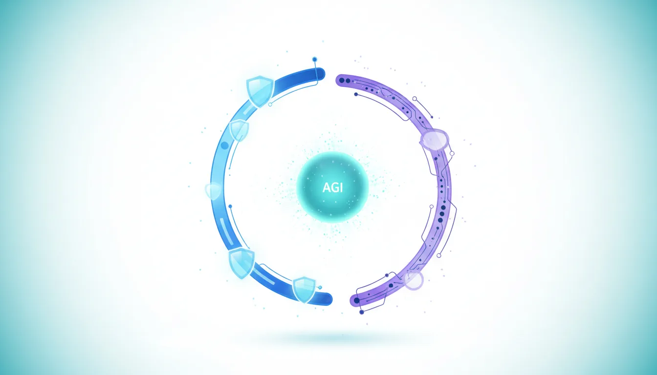 Abstract circular diagram illustrating AGI at the center, surrounded by protective shields and digital pathways, representing AI safety concepts.