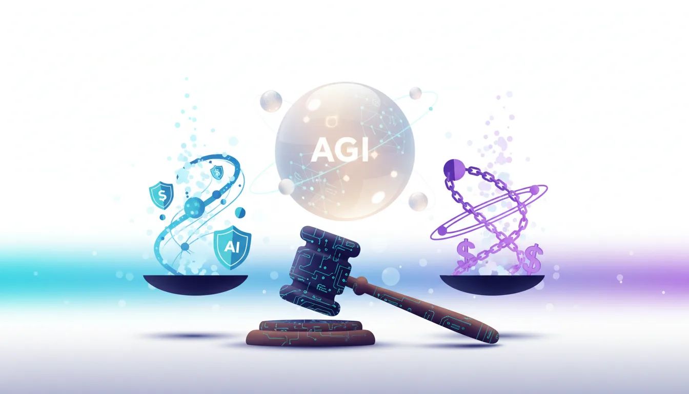 Scales of justice weigh AI safety shields against dollar signs, with a gavel and AGI sphere symbolizing the AI governance battle.