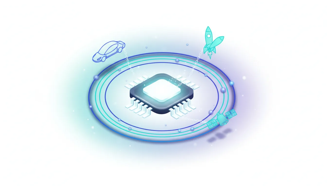 Central processor chip powering a Tesla car, SpaceX rockets, and a satellite, illustrating AI compute integration.