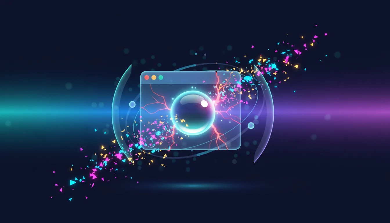 Abstract representation of a transparent browser window with a glowing orb and lightning, surrounded by colorful particles and energy fields, symbolizing AI cybersecurity discovery.