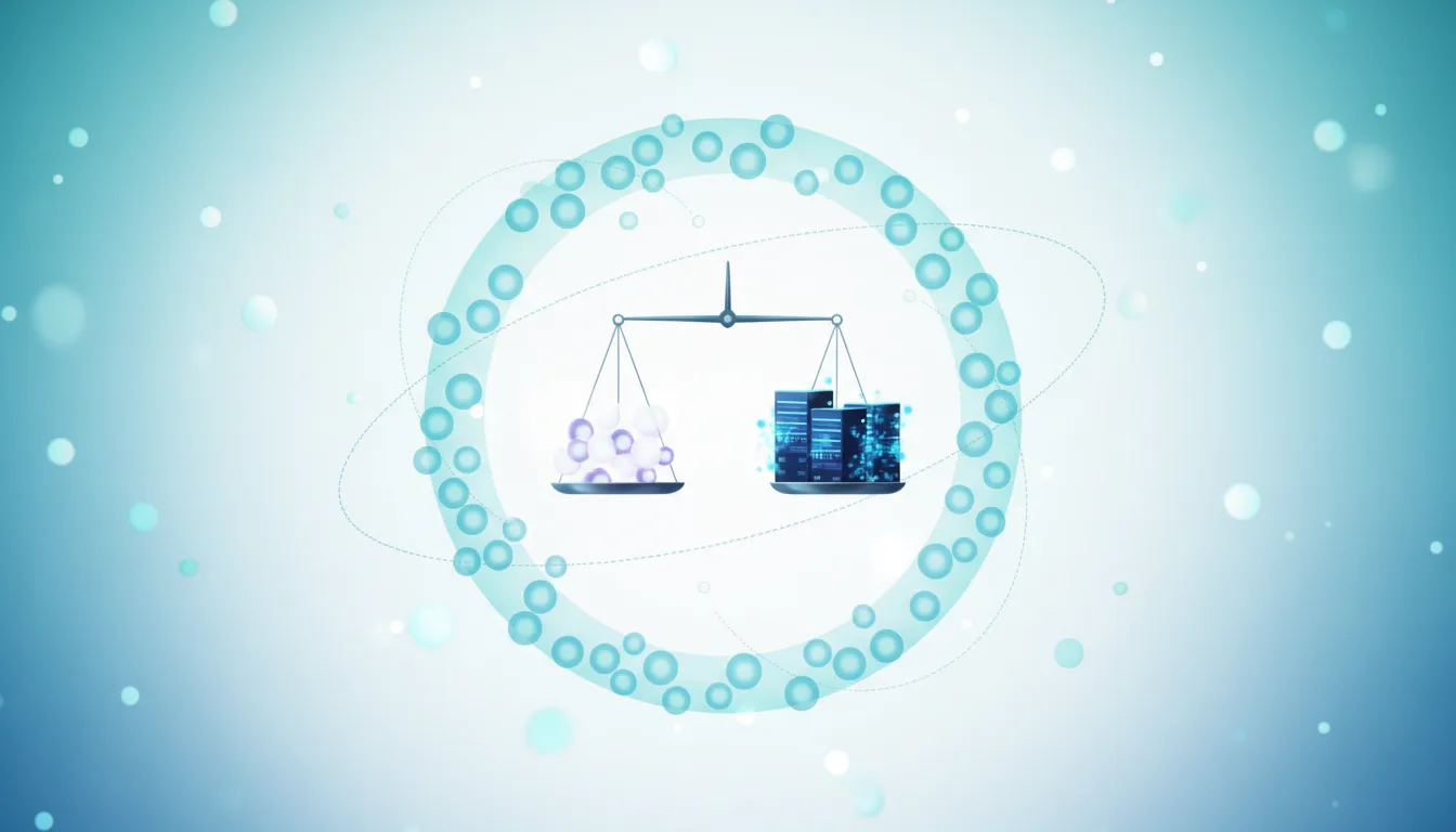 Scales balancing abstract data clusters against a server rack, symbolizing AI development costs and infrastructure needs.