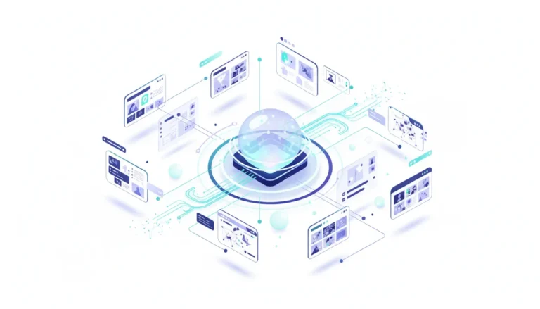 Abstract visualization of a central AI core connected to multiple screens displaying data and images, representing multimodal AI capabilities.