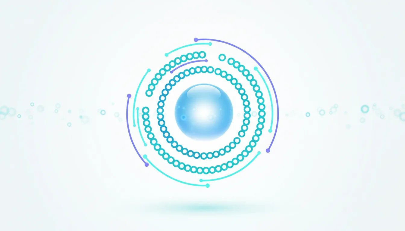 Abstract circular design with concentric rings of dots and a central glowing blue sphere, representing AI technology.
