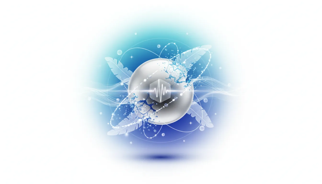 Abstract digital art featuring a central sphere with a hexagonal prism and waveform, surrounded by swirling blue particles and feather-like shapes.